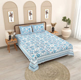 Sanganeri Print 100% Cotton Double Bedsheet with 2 Pillow Covers - Blue Floral Design
